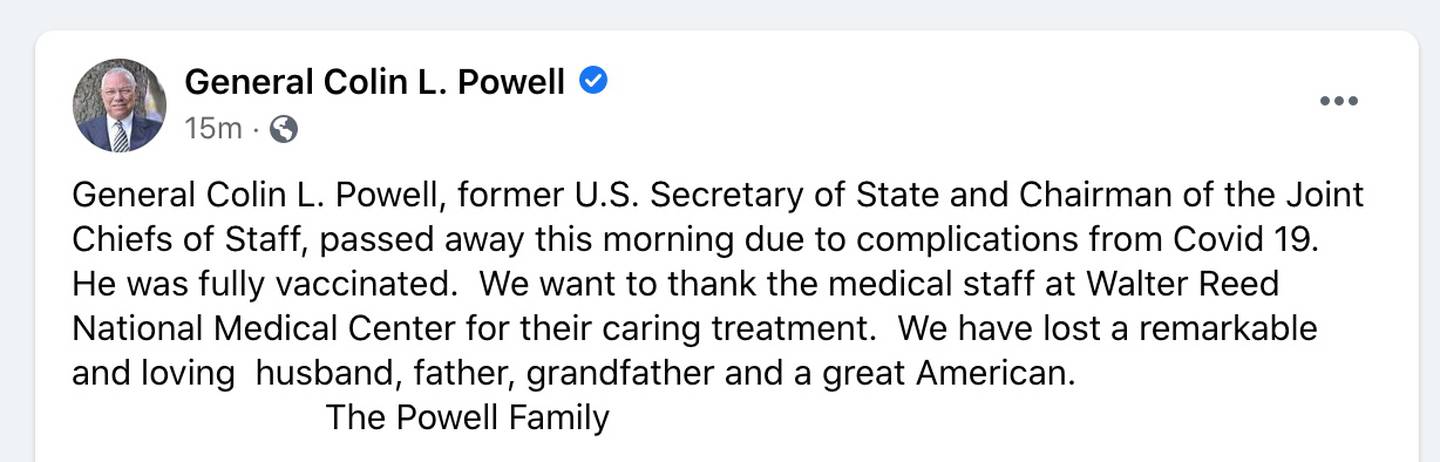 A statement on a social media page of former US Secretary of State Colin Powell. Reuters