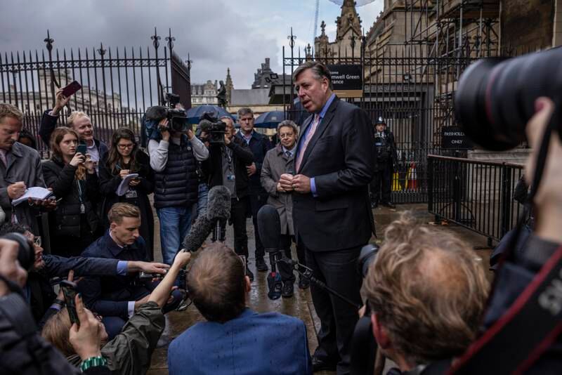 Chairman of the 1922 Committee, Sir Graham Brady, spoke to the press after the resignation of Liz Truss, outside Parliament in London on Thursday. Getty Images