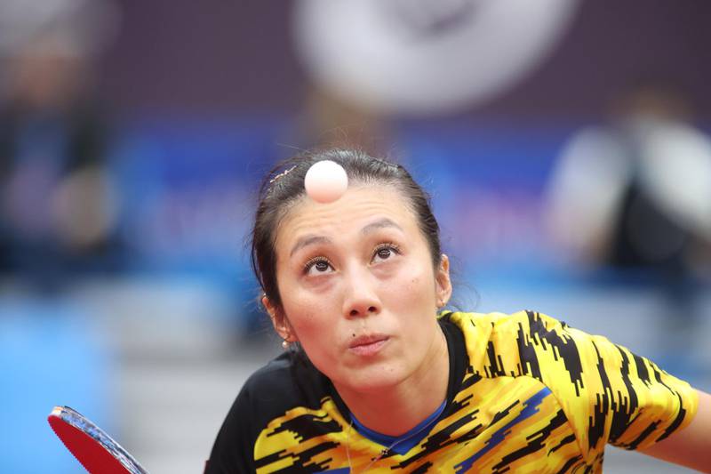 Germany's Han Ying in action against Chen Meng of China during their semi-final match at the ITTF Women's World Cup at Nanhai Olympic Sport Centre in Weihai, China, on Tuesday, November 10. EPA