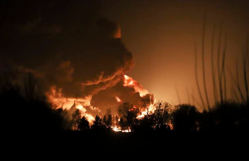 A big fire at a petroleum storage depot after a Russian missile attack, in Vasylkiv, near Kiev. EPA