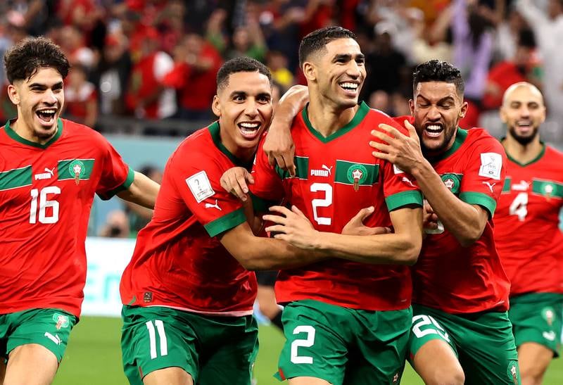 Morocco celebrates after the last penalty kick that sent the side to the quarter-finals of the Qatar World Cup 2022. EPA