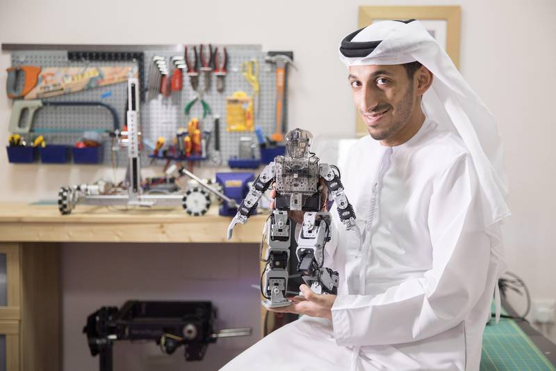 Robotics Engineer and founder of tHE UAE Robotics Cluub. Mohamed Al Shamsi at home  in his Duabi workshop.