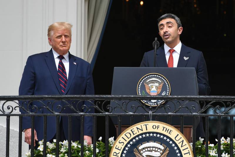 Sheikh Abdullah speaks from the Truman Balcony at the White House during the signing ceremony of the Abraham Accord. AFP