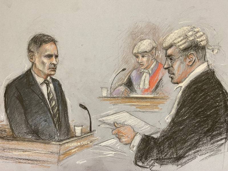 A court artist sketch of Ryan Giggs being questioned as he gives evidence at Manchester Crown Court. PA