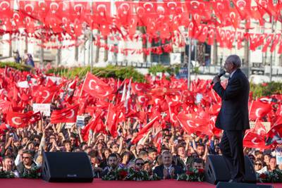 Mr Kilicdaroglu delivers a speech in Izmir.  Republican People's Party Press Service / AFP