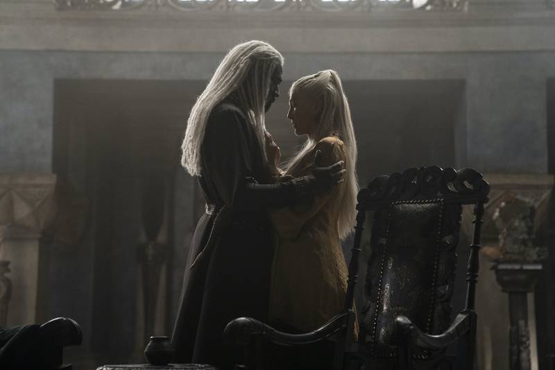 Steve Toussaint as Lord Corlys Velaryon and Eve Best as Princess Rhaenys Targaryen.