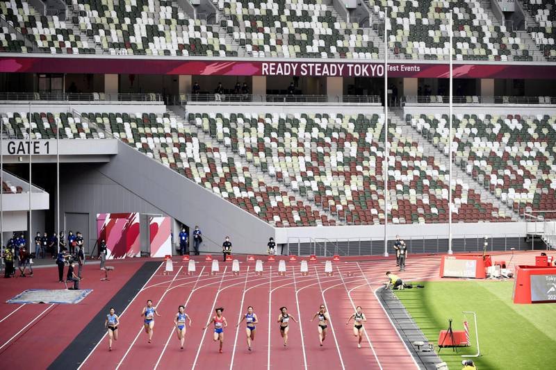 Japanese athletes compete during an athletics test event for Tokyo 2020 Olympics Games at the National Stadium, in Tokyo, Japan. AP Photo