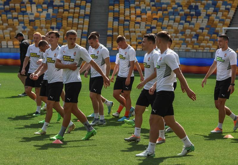Shakhtar Donetsk's players train at the NSC Olimpiyskiy stadium.