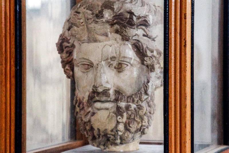 A Greek sculpture of the head of Zeus on display at the Cyrene Museum which houses Greco-Roman artefacts, in the eastern Libyan town of Shahat, near the ruins of the ancient city of Cyrene. AFP