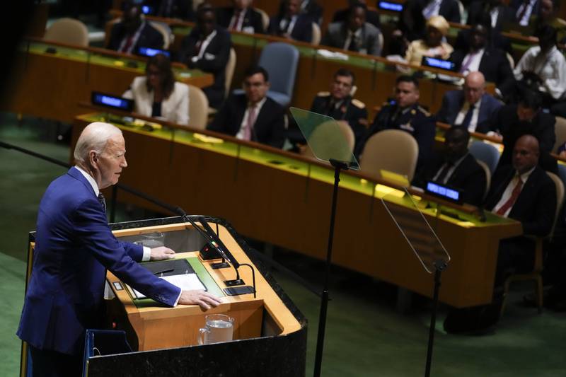 US President Joe Biden addresses the UN General Assembly in New York on Tuesday. AP Photo