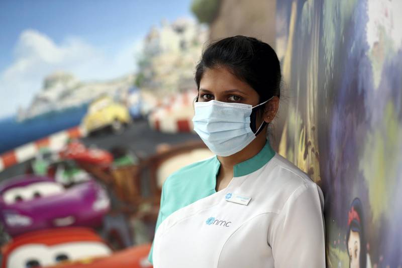 Dubai, United Arab Emirates - Reporter: N/A. News. Health. Photo Project. Nurse Joslin Coelho at the NMC Royal Hospital, DIP. Photo project on hospital staff that Covid-19, recovered and carried on treating patiences. Monday, July 27th, 2020. Dubai. Chris Whiteoak / The National