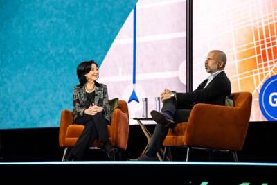 Safra Catz, chief executive of Oracle, and Dara Khosrowshahi, chief executive of Uber Technologies, at the Oracle CloudWorld conference in Las Vegas on Tuesday. Photo: Oracle