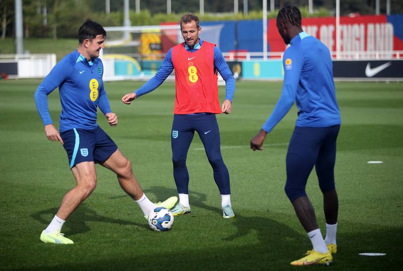 Harry Kane and Harry Maguire during a training session at St. George's Park. PA