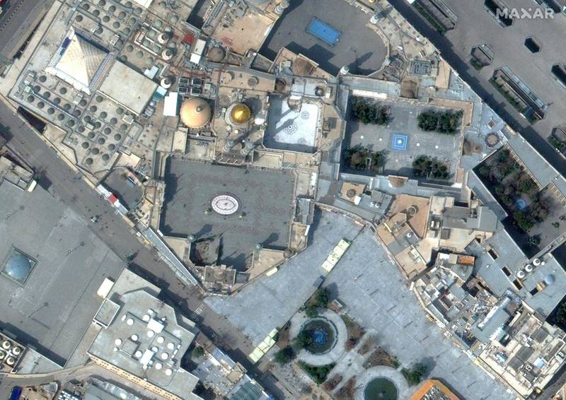 This handout image taken on March 1, 2020 and released on March 5, 2020 by Maxar Technologies shows a nearly empty Hazrat Masumeh Shrine in Qom, Iran, during the coronavirus outbreak. (Photo by - / Satellite image ©2020 Maxar Technologies / AFP) / RESTRICTED TO EDITORIAL USE - MANDATORY CREDIT "AFP PHOTO / Satellite image ©2020 Maxar Technologies " - NO MARKETING - NO ADVERTISING CAMPAIGNS - DISTRIBUTED AS A SERVICE TO CLIENTS
