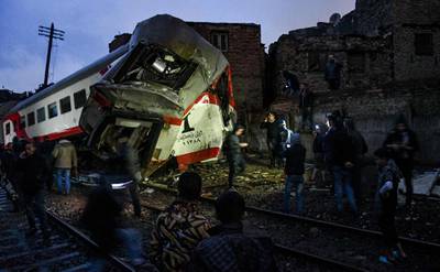 A twisted train carriage after a railroad collision in Cairo during a storm that battered the Egyptian capital on March 12, 2020. AFP
