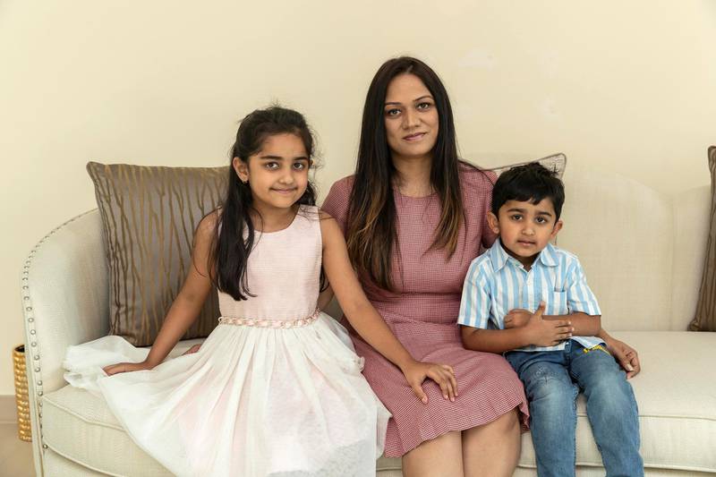 DUBAI, UNITED ARAB EMIRATES. 09 JANUARY 2021. Shruti Sayed her daughter Sara and son Ryan at their home. For a story on how to navigate child care costs. (Photo: Antonie Robertson/The National) Journalist: Deepthi Nair . Section: Business.