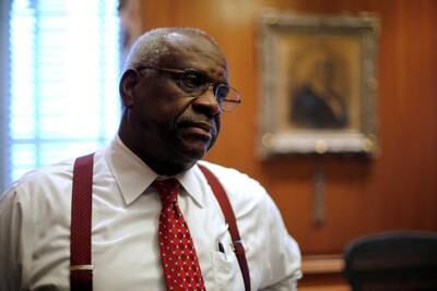 US Supreme Court Justice Clarence Thomas in his chambers at the US Supreme Court building in Washington, on June 6. Reuters