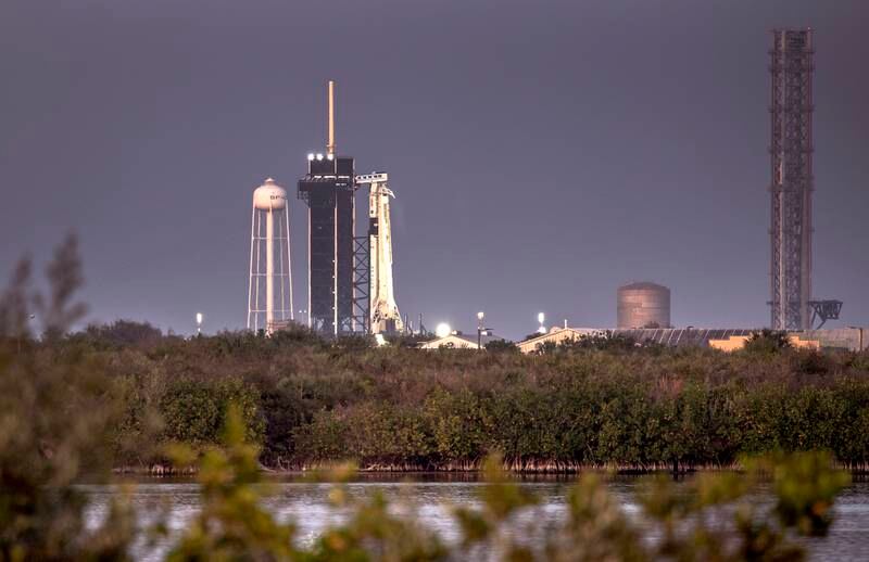 The SpaceX Falcon 9 rocket with the company's Crew Dragon spacecraft onboard on the launch pad. EPA