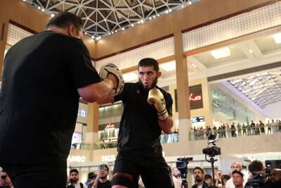 Islam Makhachev takes part in an open workout in Abu Dhabi ahead of his fight against Alexander Volkanovski at UFC 294. All photos Chris Whiteoak / The National