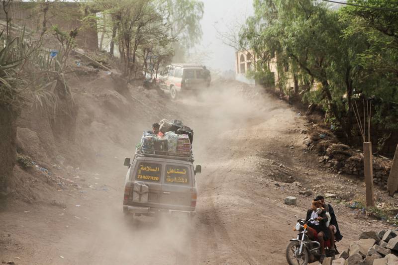 A taxi vehicle drives on a detour mountain road around Taiz in Yemen. Reuters