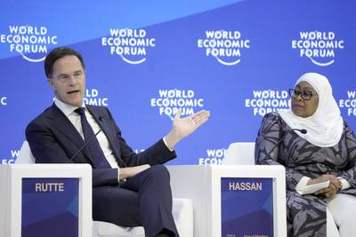 Netherlands Prime Minister Mark Rutte and Tanzanian President Samia Hassan during a panel discussion in Davos. AP