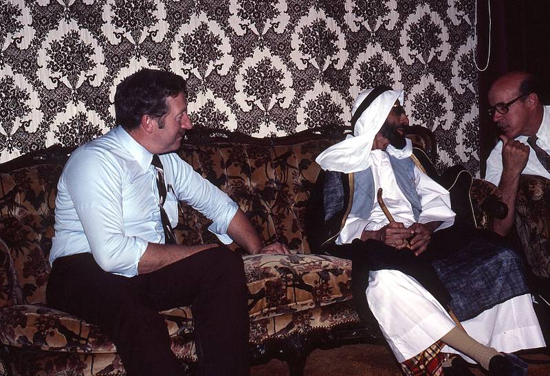 Carl Sherbeck with Sheikh Shakhbout in 1972 or 1973. 