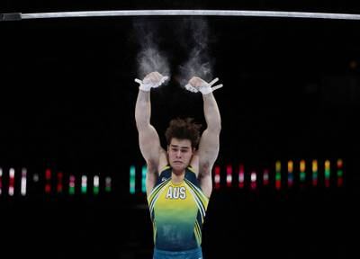 Australia's James Hardy slips off the horizontal bar at the World Artistic Gymnastics Championships in Antwerp, Belgium. Reuters