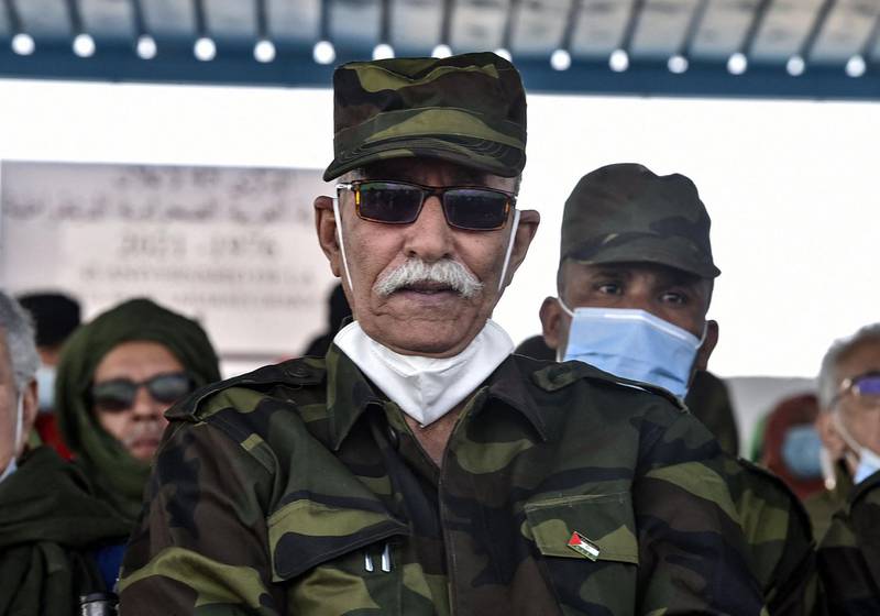 (FILES) In this file photo taken on February 27, 2021 Brahim Ghali, President of the Sahrawi Arab Democratic Republic (SARD) and Secretary-General of the Polisario front, attends celebrations marking the 45th anniversary of the creation of the SARD, at a refugee camp on the outskirts of the southwestern Algerian city of Tindouf.   The leader of the Western Sahara independence movement, Brahim Ghali, at the heart of a diplomatic spat between Spain and Morocco will appear before a Madrid court on June 1, 2021 to answer allegations of torture. / AFP / RYAD KRAMDI
