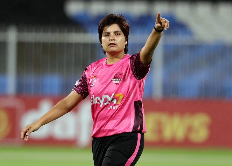 Sharjah, United Arab Emirates - Reporter: Paul Radley. Sport. Cricket. Hawks captain Chaya Mughal directs the field. The Women's All Stars D10, ECB Hawks and ECB Falcons. Monday, April 5th, 2021. Sharjah. Chris Whiteoak / The National