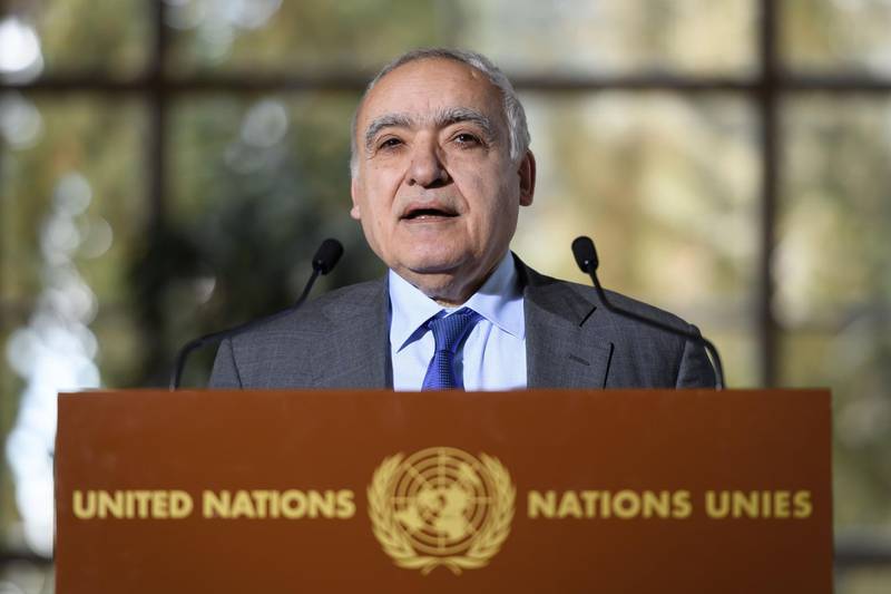 UN Envoy for Libya Ghassan Salame holds a press briefing during UN-brokered military talks on February 18, 2020 in Geneva.   / AFP / Fabrice COFFRINI
