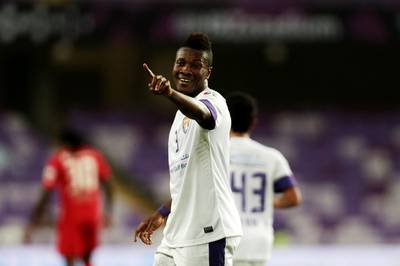 Asamoah Gyan points out that he says he still has much to achieve with Al Ain in the Arabian Gulf League. Christopher Pike / The National







