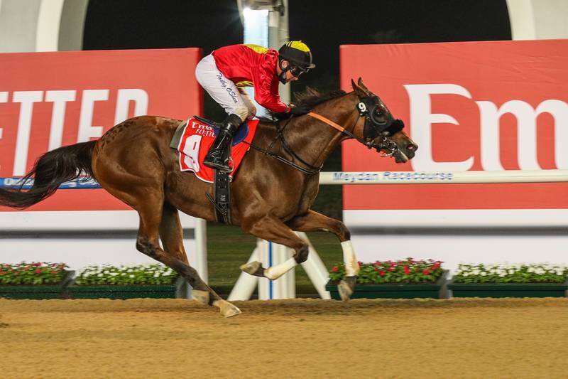 Zero to Hundred, ridden by Tadhg O'Shea, won the 8F Emirates Skywards Maiden at Meydan. Cedric Lane for The National