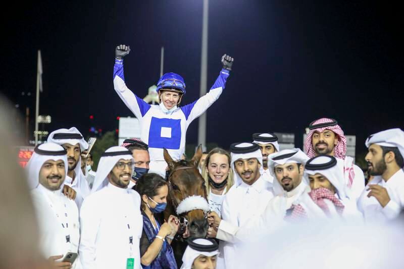 Jim Crowley on top Lady Princess after winning the feature Dh5 million Sheikh Zayed bin Sultan Al Nayhan Jewel Crown Purebred Arabians.
