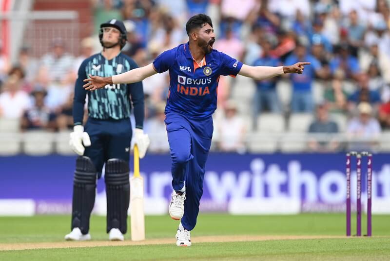 India bowler Mohammed Siraj celebrates after taking the wicket of Joe Root. Getty