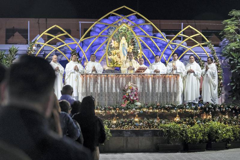 DUBAI, UNITED ARAB EMIRATES. 25 DECEMBER 2019. Midnight Mass at St Mary’s in Dubai to celebrate Christmas. Christmas styled decorations depicting Biblical scenes and Christmas decorations. (Photo: Antonie Robertson/The National) Journalist: None. Section: National.