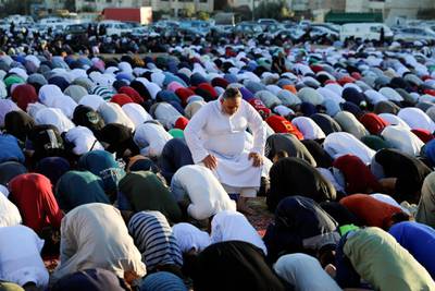 Muslims perform Eid Al Adha prayers in Amman, Jordan.  EPA