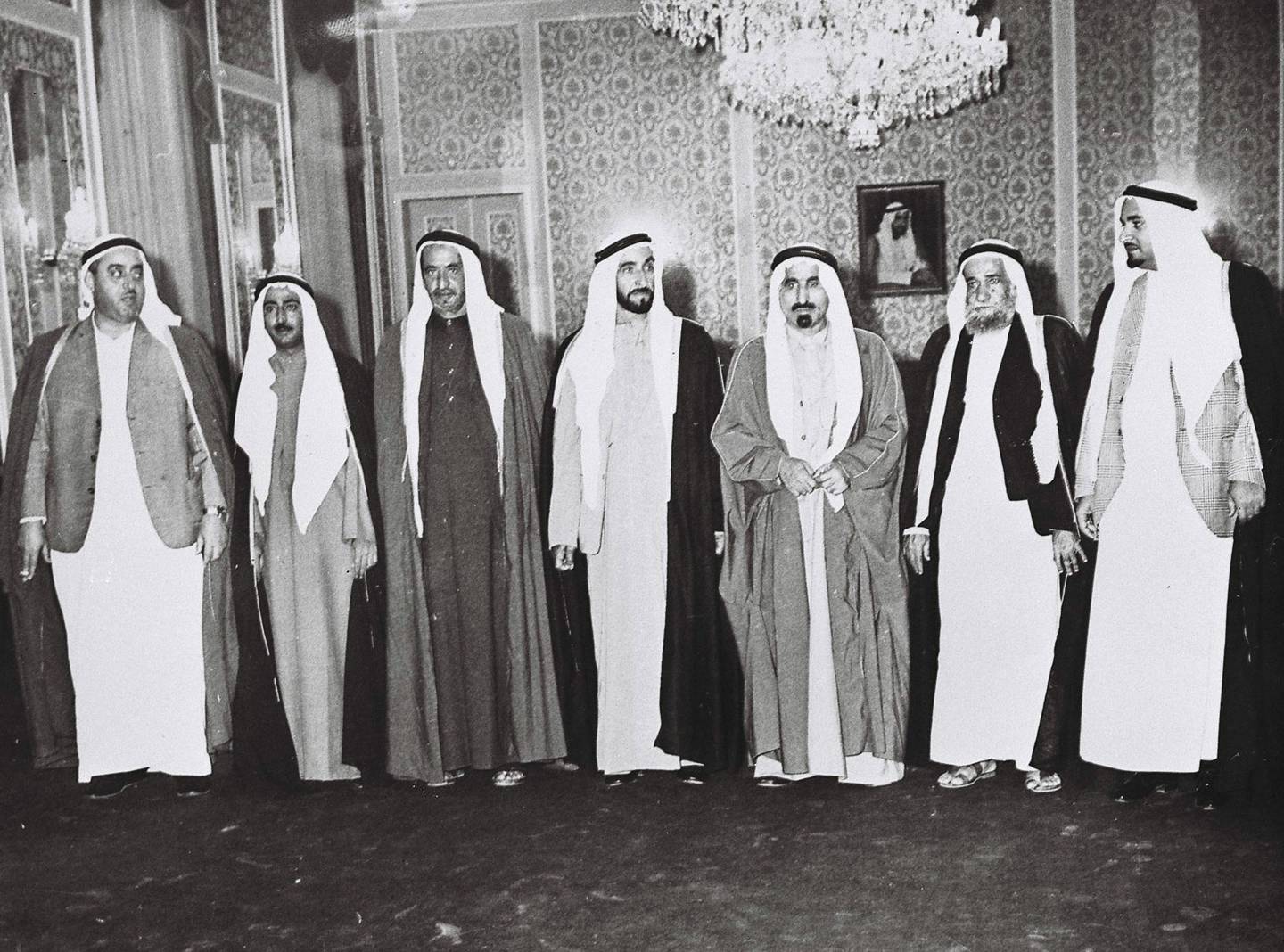 The country's leaders, 1973. From left to right: Sheikh Rashid bin Ahmed Al Mualla, Crown Prince of Umm Al Quwain; Sheikh Sultan bin Mohammed Al Qassimi, Ruler of Sharjah; Sheikh Rashid bin Saeed Al Maktoum, Vice-President and Prime Minister of the UAE and Ruler of Dubai; Sheikh Zayed bin Sultan Al Nahyan, President and Ruler of Abu Dhabi; Sheikh Saqr bin Mohammed Al Qassimi, Ruler of Ras Al Khaimah; Sheikh Mohammed bin Hamad Al Sharqi, Ruler of Fujairah; Sheikh Humaid bin Rashid Al Nuaimi, Crown Prince of Ajman.