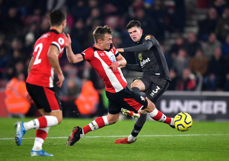 SOUTHAMPTON, ENGLAND - DECEMBER 04: Sam Byram of Norwich City shoots during the Premier League match between Southampton FC and Norwich City at St Mary's Stadium on December 04, 2019 in Southampton, United Kingdom. (Photo by Dan Mullan/Getty Images)