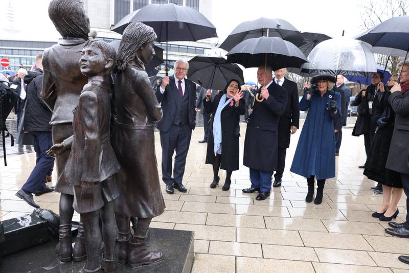 King Charles III and Queen Consort Camilla visited a Kindertransport memorial at Dammtor station in Hamburg. PA