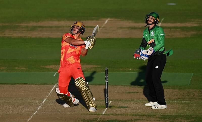 Will Smeed of Birmingham Phoenix plays a shot watched by Southern Brave wicketkeeper Quinton de Kock. Getty Images