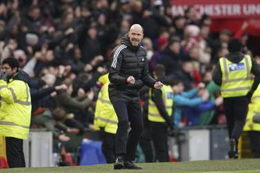Manchester United's head coach Erik ten Hag celebrates after his team's second goal during the English Premier League soccer match between Manchester United and Manchester City at Old Trafford in Manchester, England, Saturday, Jan.  14, 2023.  (AP Photo / Dave Thompson)