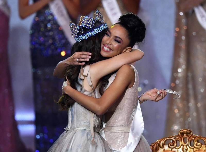 Miss World 2018, Mexico's Vanessa Ponce de Leon (L) embraces runner-up in 2019 Miss France Ophely Mezino (R) during the Miss World 2019 final.  EPA