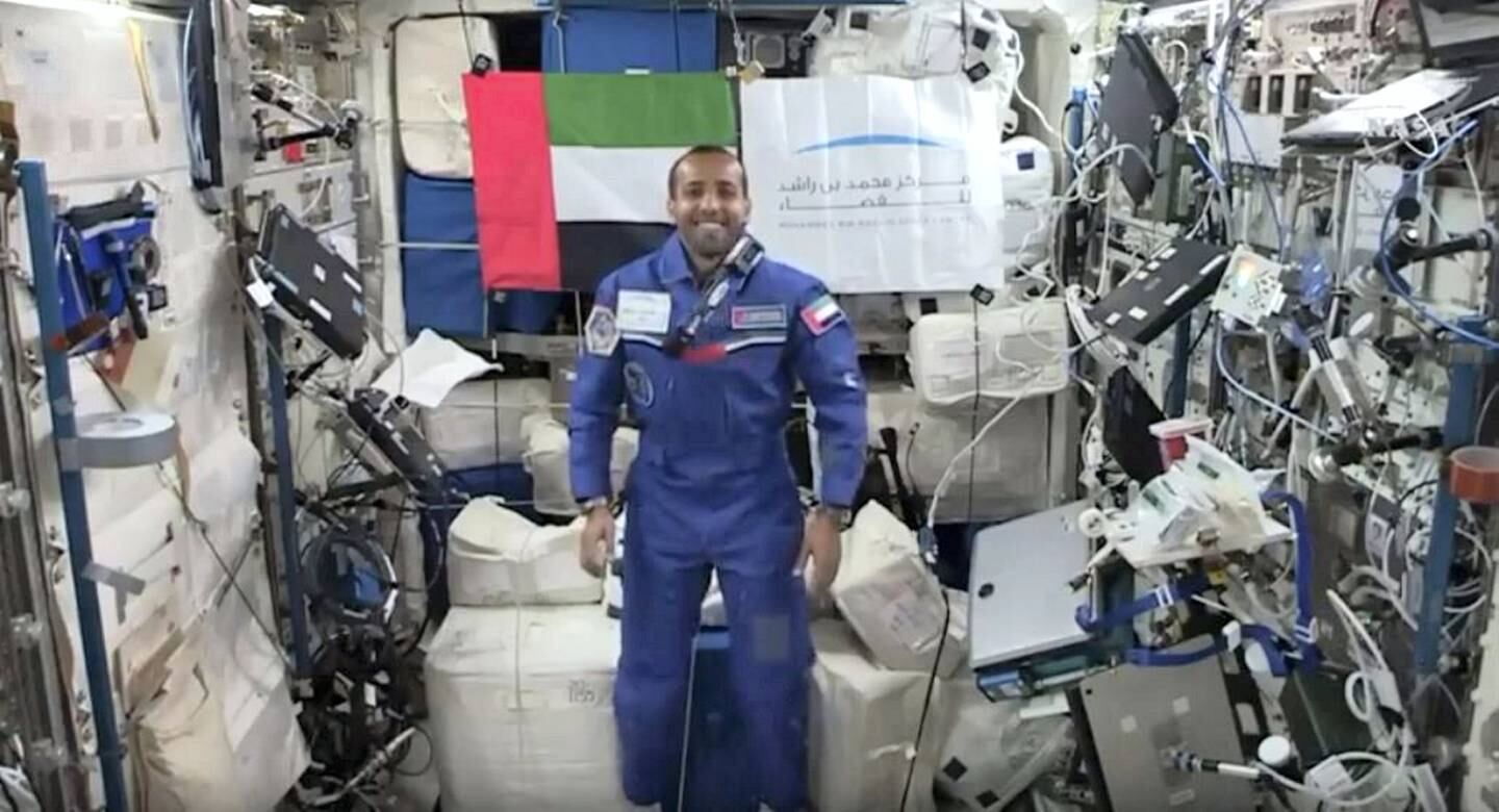 Emirati astronaut Hazza Al Mansouri conducts a live Q&A session from space and gives a station tour. Screengrab via Youtube Live