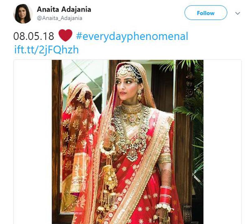Top stylist Anaita Adajania has revealed Sonam Kapoor's bridal look for today via Twitter. 