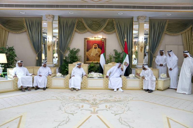 ABU DHABI, UNITED ARAB EMIRATES - May 08, 2019: HH Sheikh Khalifa bin Zayed Al Nahyan, President of the UAE and Ruler of Abu Dhabi (5th R), receives HH Sheikh Mohamed bin Rashid Al Maktoum, Vice-President, Prime Minister of the UAE, Ruler of Dubai and Minister of Defence (4th R), HH Sheikh Humaid bin Rashid Al Nuaimi, UAE Supreme Council Member and Ruler of Ajman (6th R), HH Sheikh Hamad bin Mohamed Al Sharqi, UAE Supreme Council Member and Ruler of Fujairah (7th R) and HH Sheikh Mohamed bin Zayed Al Nahyan, Crown Prince of Abu Dhabi and Deputy Supreme Commander of the UAE Armed Forces (L), at the President's Palace in Al Bateen. Seen with HE Ahmed Juma Al Zaabi, UAE Deputy Minister of Presidential Affairs (2nd R).

( Abdullah Al Junaibi for Ministry of Presidential Affairs )
---