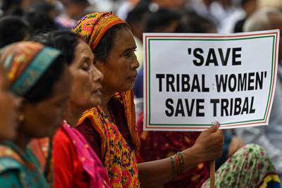 Members of a tribal community during a protest in New Delhi over violence against women and for peace in the north-east state of Manipur. AFP