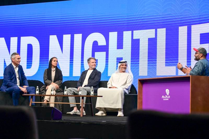 From left, James Craven, president of Live Nation Entertainment Middle East; Alia Al Shamsi, cultural programming manager at Louvre Abu Dhabi; John Lickrish, chief executive of Flash Entertainment; and Saleh Al Geziry during the Department of Culture and Tourism Live Talk Show.