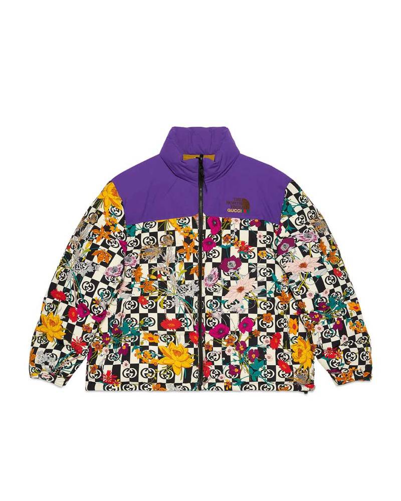 A Nuptse jacket, with flowers and the Gucci logo.