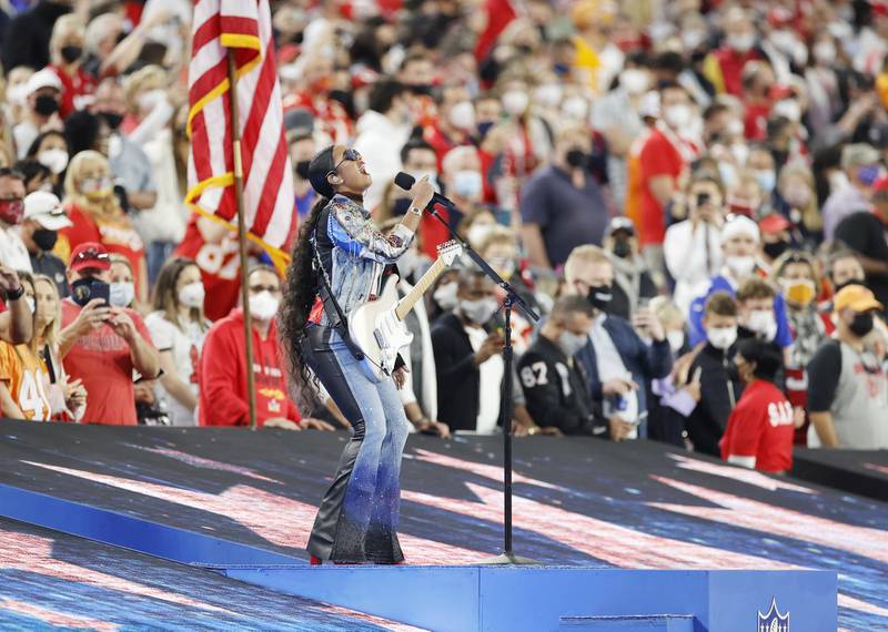 HER performs during pre-game ceremonies at Raymond James Stadium in Tampa, Florida. EPA