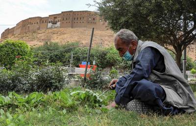A mask-clad man cares for a garden near the Erbil Citadel in the capital of the northern Iraqi Kurdish autonomous region. AFP